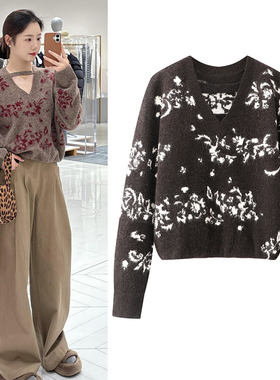 毛衣2026年春季新款别致设计感V领复古提花显瘦短款针织衫上衣女