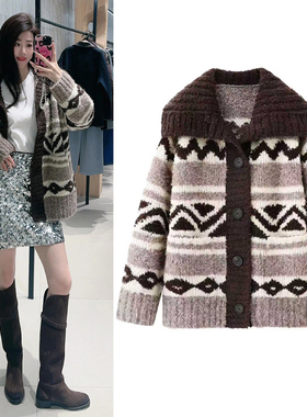 秦岚同款针织开衫2025冬季新品复古费尔岛撞色提花翻领毛衣外套女
