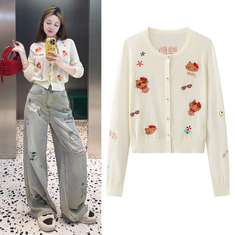 针织衫2026夏季新款甜美风卡通猫咪刺绣圆领短款薄款开衫毛衣女