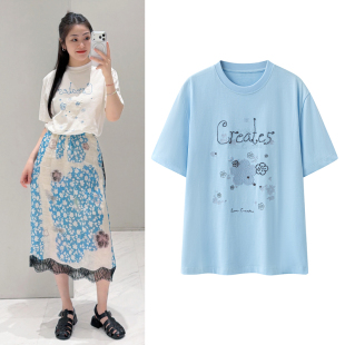 短袖T恤2026年夏季新款花朵图案刺绣圆领宽松休闲百搭纯棉上衣女