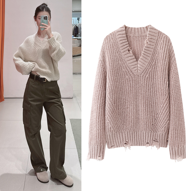 马海毛针织衫破洞长袖毛衣女