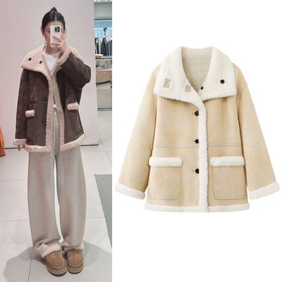 麂皮绒皮毛一体外套羊羔绒大衣女