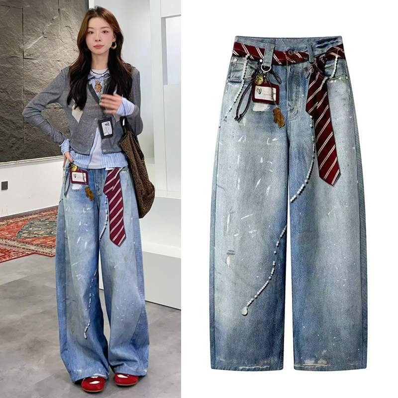 弯刀牛仔裤2025秋季新品设计感工牌领带立体印花宽松显瘦阔腿裤女,女装/女士精品,牛仔裤,淘宝优惠券,粉丝福利购,淘宝优惠卷