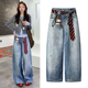 设计感工牌领带立体印花宽松显瘦阔腿裤 新品 女 2025秋季 弯刀牛仔裤