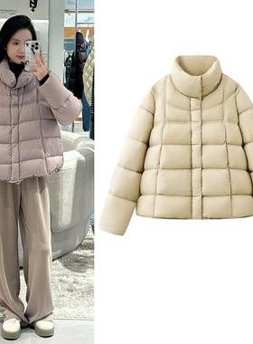 刘雯同款泡芙羽绒服2025冬季新品立领方格显瘦短款保暖鸭绒外套女