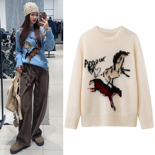 马海毛针织衫2026春季新款马年图案提花宽松圆领套头打底衫毛衣女