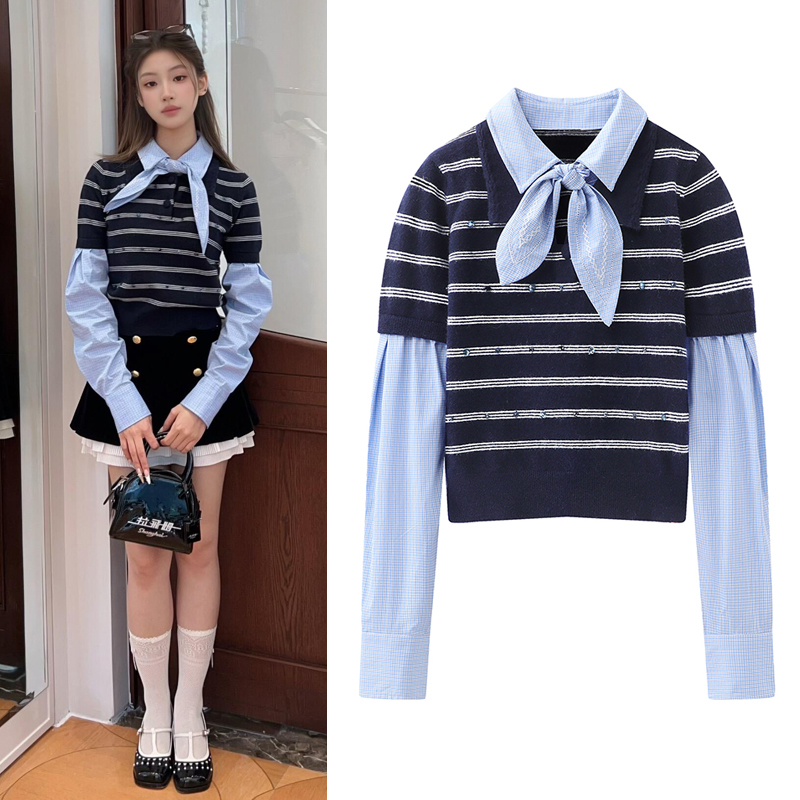 假两件针织衫条纹衬衫上衣女