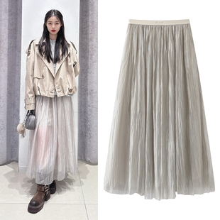 网纱裙2026春季新款法式褶皱肌理感松紧高腰百褶裙中长款半身裙女