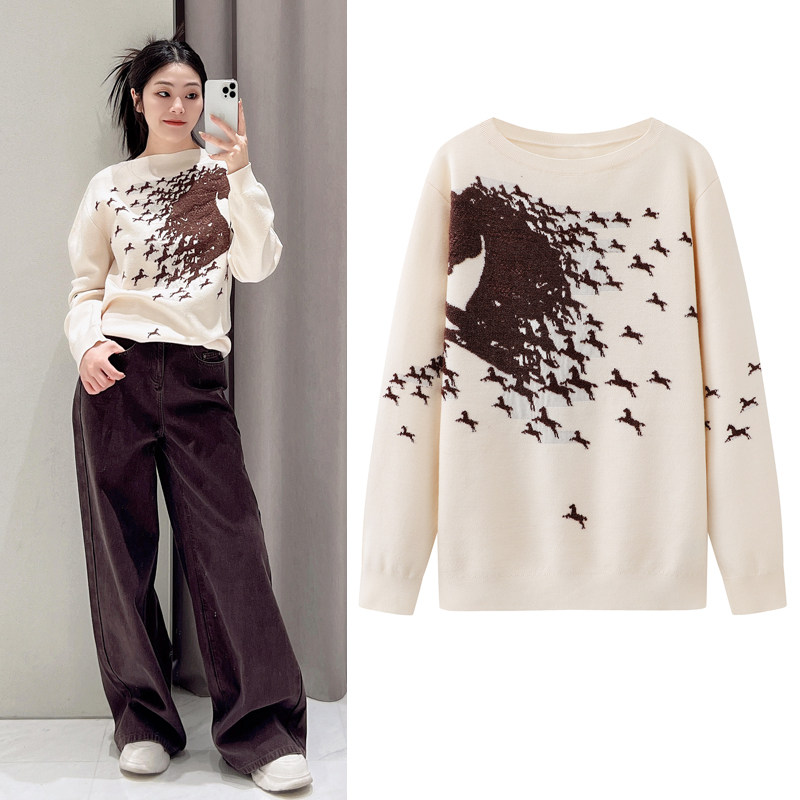 马年针织衫2026春季新款慵懒风奔马图案提花宽松圆领打底衫毛衣女,女装/女士精品,毛针织衫,淘宝优惠券,粉丝福利购,淘宝优惠卷