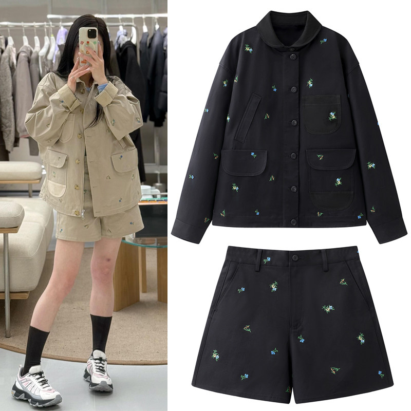 2026春季新款复古刺绣小翻领休闲廓形工装夹克外套女高腰直筒短裤