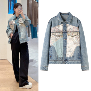 夹克上衣女 复古国风提花拼接宽松休闲工装 牛仔外套2025秋季 新品
