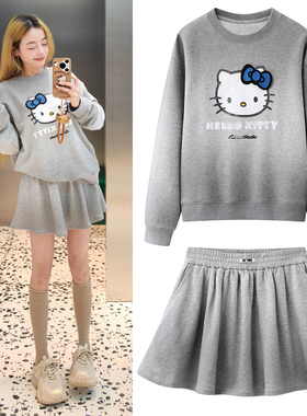 卫衣运动套装2026春季新款卡通猫咪印花晕染喷脏休闲T恤女半身裙