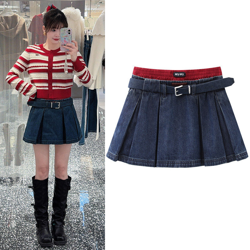 牛仔百褶裙2026春新款撞色双腰头拼接假两件高腰半身裙女A字短裙,女装/女士精品,半身裙,淘宝优惠券,粉丝福利购,淘宝优惠卷