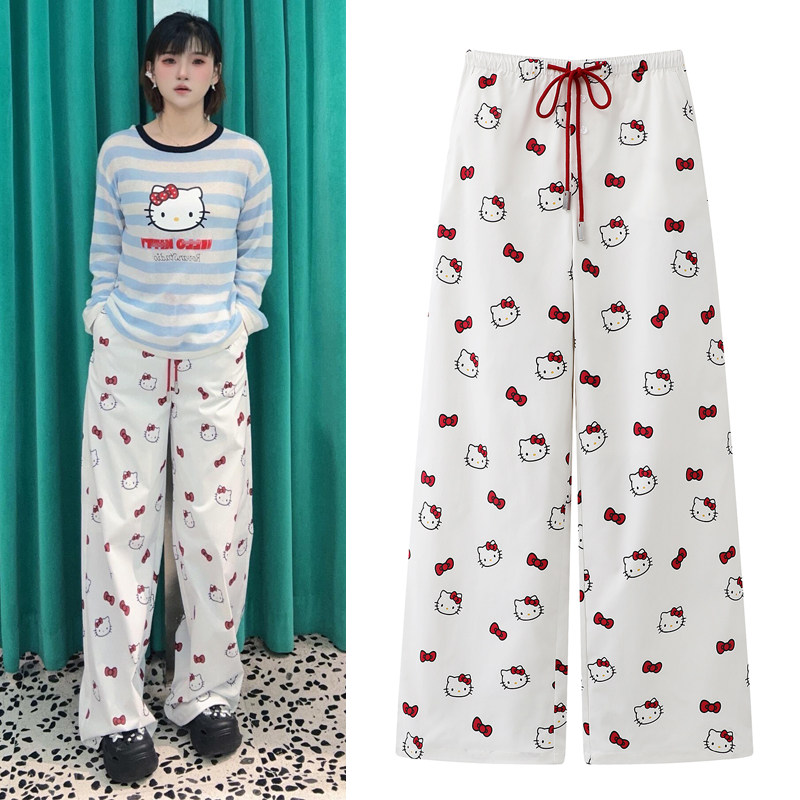 白色直筒裤2026春季新款蝴蝶结卡通猫咪印花抽绳高腰休闲阔腿裤女,女装/女士精品,休闲裤,淘宝优惠券,粉丝福利购,淘宝优惠卷