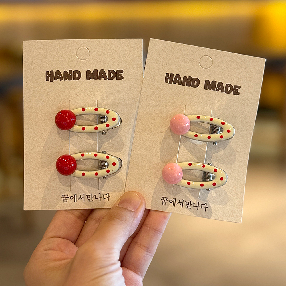 儿童红色波点圆形发夹鸭嘴夹气质酒红小女孩侧边夹刘海夹发卡发饰