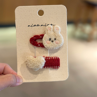 儿童新年红可爱毛绒小兔发夹小女孩卡通侧边夹秋冬甜美刘海夹发饰