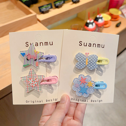 韩国儿童发夹宝宝彩色几何手绘涂鸦花朵刘海鸭嘴夹发卡女童碎发夹