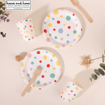 彩色小点一次性纸盘甜品台清新七彩色摆件儿童生日派对餐具野餐盘