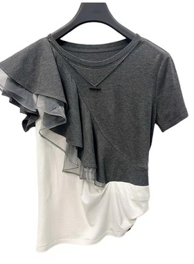 雨墨圣迪奥立夏2026年女装新品潮酷黑白拼接圆领显瘦T恤S262Z0116