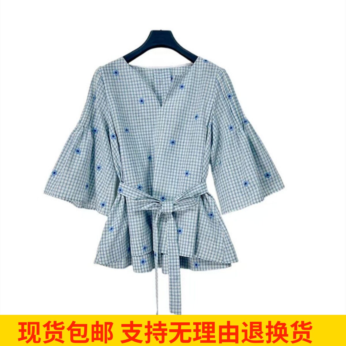 雨墨圣迪奥立夏喇叭袖V领衬衫高支小衫荷叶边方领可爱风S252Z0422