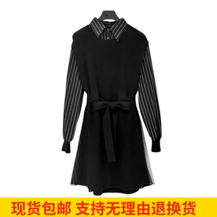 雨墨圣迪奥立显瘦气质长袖 黑色收腰拼接连衣裙S244Z1238 针织时尚