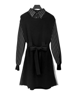 雨墨圣迪奥立显瘦气质长袖针织时尚黑色收腰拼接连衣裙S244Z1238