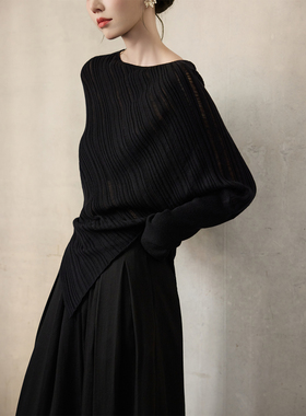 ONMOON 秋冬黑色蝙蝠袖绵羊毛套头毛衣 2025新款慵懒镂空针织衫女