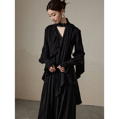黑色法式系带长袖飘带衬衫