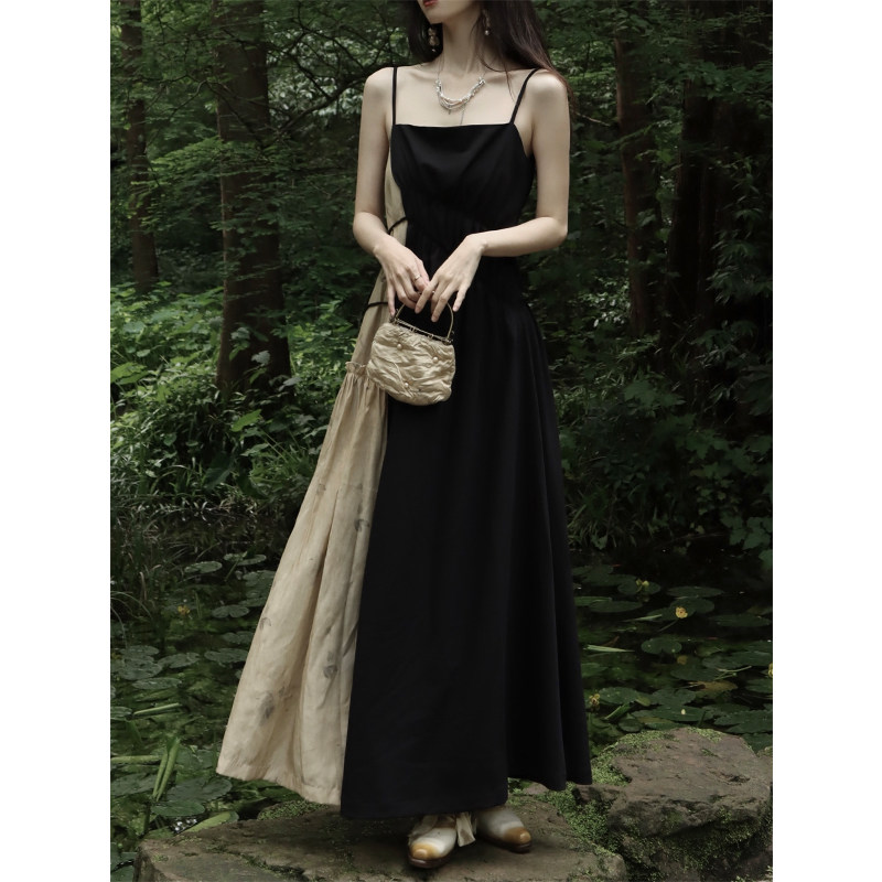 ONMOON 2022夏季长款真丝印花拼色连衣裙 设计绑带茶色a字吊带裙