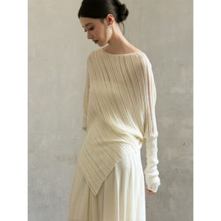 针织衫 ONMOON 镂空设计蝙蝠袖 2025新款 秋冬米白色慵懒绵羊毛毛衣