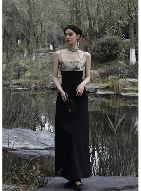 ONMOON 新中式收腰印花吊带连衣裙 2022夏季无袖盘扣日常长裙女