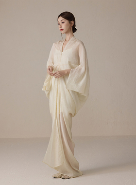 ONMOON 春夏新中式国风米白连衣裙 2025新款清冷轻薄蝙蝠袖裙子女