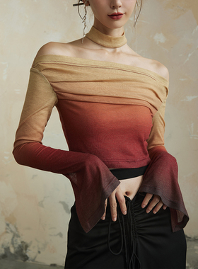 ONMOON 春夏渐变套头针织一字领绒感上衣 2023设计百搭短款打底衫