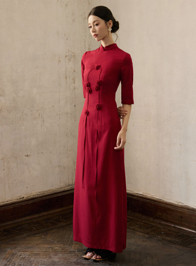 ONMOON 红色花朵五分袖旗袍连衣裙 2025秋款新中式敬酒礼服裙子女