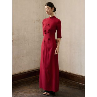 新中式 ONMOON 2025秋款 旗袍连衣裙 敬酒礼服裙子女 红色花朵五分袖