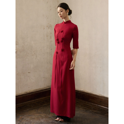 ONMOON 红色花朵五分袖旗袍连衣裙 2025秋款新中式敬酒礼服裙子女