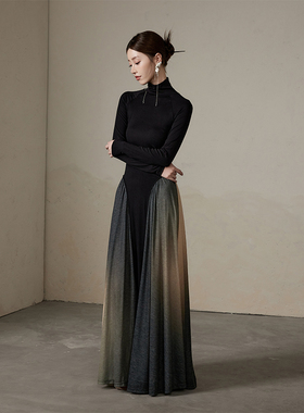 ONMOON 秋冬高领渐变长袖针织连衣裙 2024新款拼接内搭打底裙子女