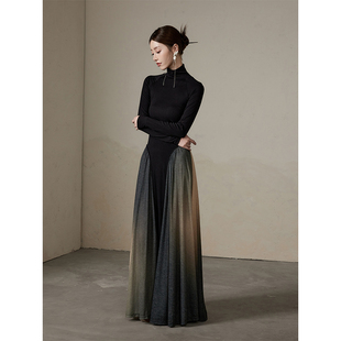 2024新款 针织连衣裙 拼接内搭打底裙子女 秋冬高领渐变长袖 ONMOON