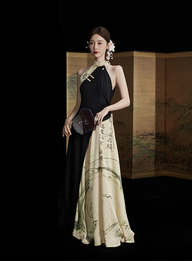 热巴正版同款ONMOON原创新中式国风书法拼色连衣裙收腰盘扣旗袍裙