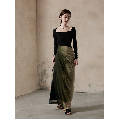 方领长袖拼色连衣裙A型