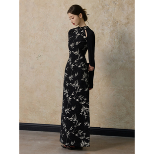 2026早春新款 ONMOON 旗袍连衣裙 国风竹叶长袖 复古黑裙子女 新中式