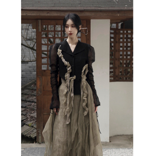 纱袖 飘逸长袖 衬衫 ONMOON 2022原创仙女风法式 薄款 女 暗黑上衣 春季