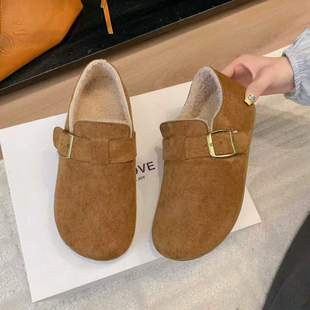 2025冬季新款绒面加绒平底保暖女鞋软底百搭勃肯鞋一脚蹬鞋舒服