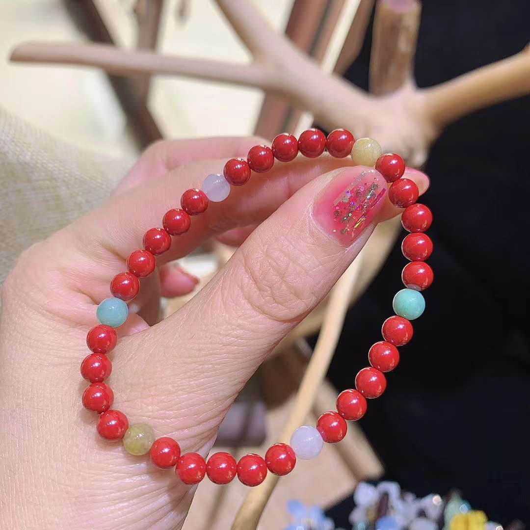 天然手串手链原矿朱砂水飞砂翡翠项链散珠单珠圆珠diy配珠女款细