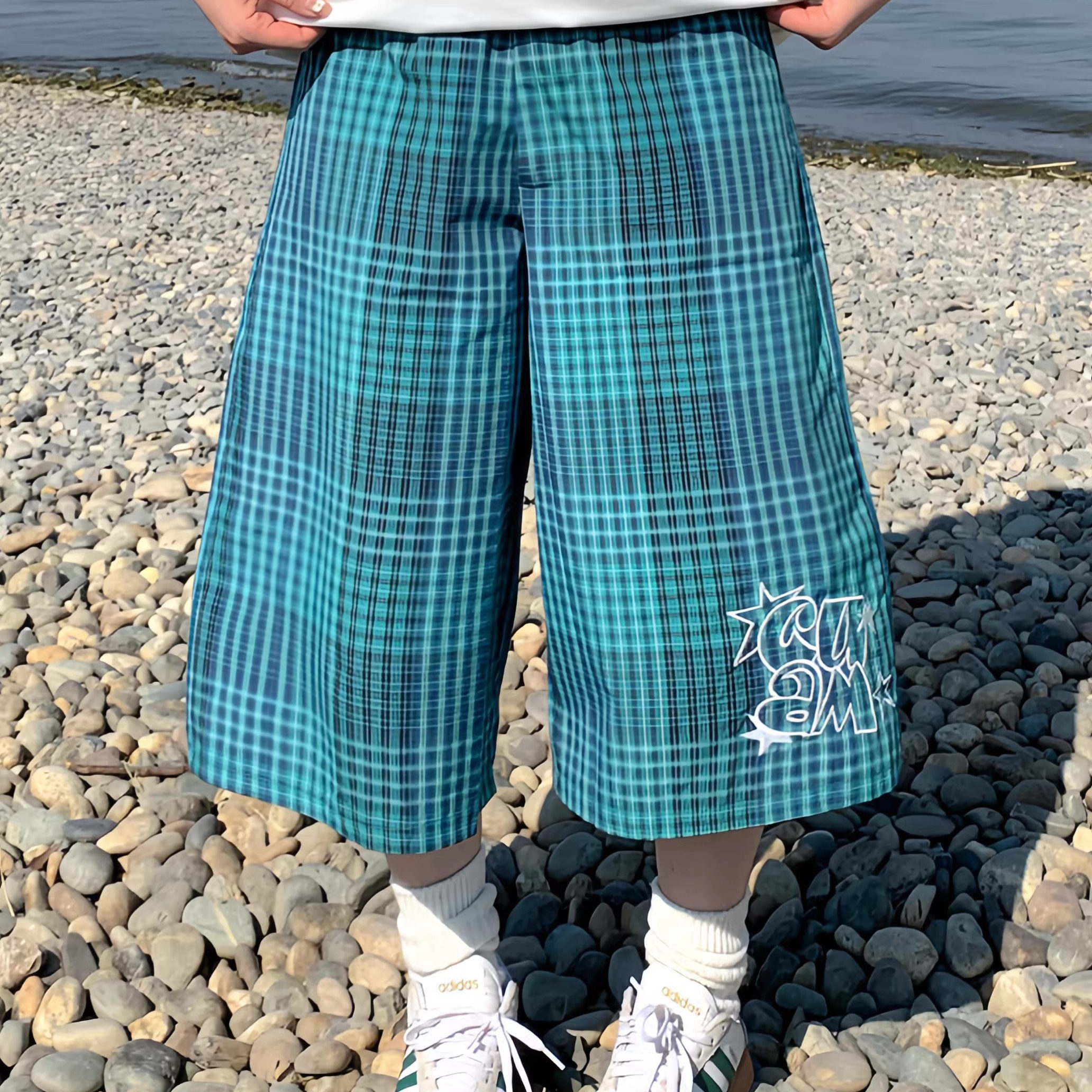 期望Studio夏季美式简约撞色格子七分裤男女宽松休闲百搭直筒短裤,女装/女士精品,休闲裤,淘宝优惠券,粉丝福利购,淘宝优惠卷