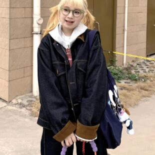 期望Studio美式 复古拼接牛仔外套男女宽松ins百搭潮流休闲夹克