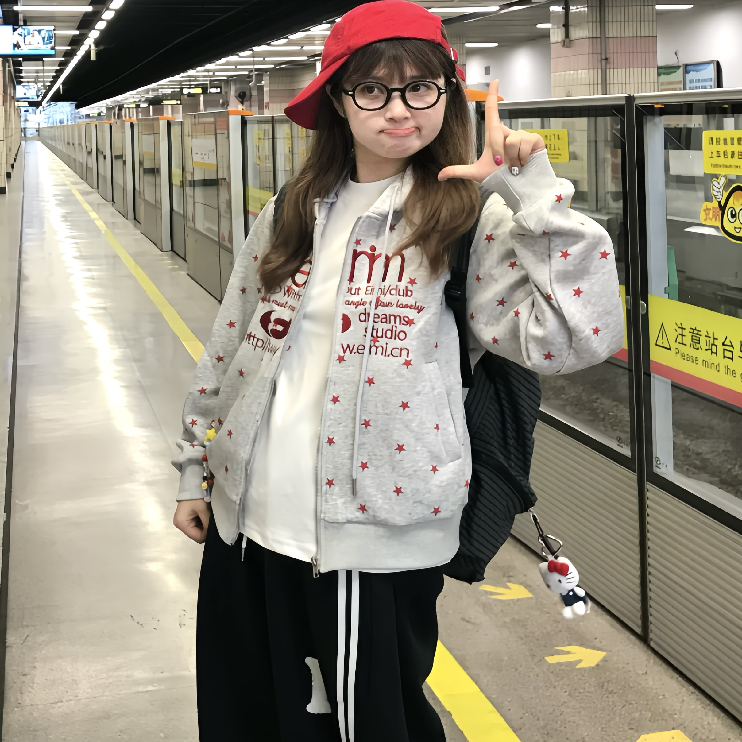 复古星星印花连帽拉链卫衣