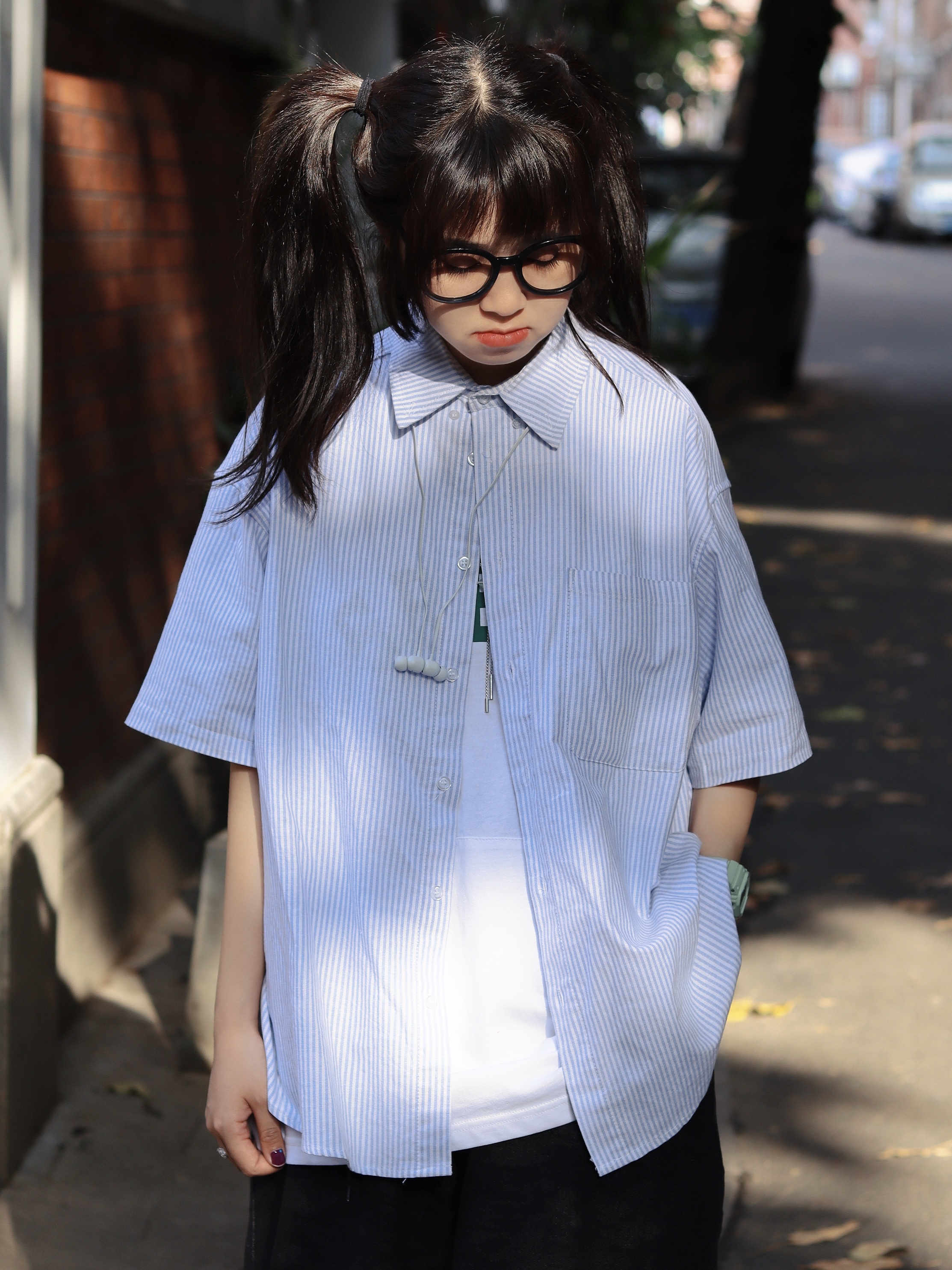 期望Studio日系短袖衬衫男女夏季条纹宽松百搭oversize休闲衬衣