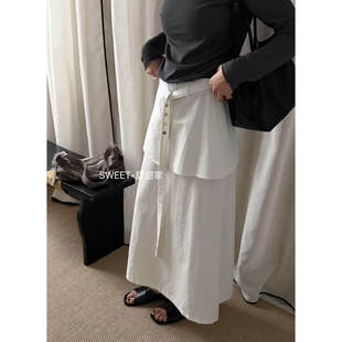 甜甜家SWEET复古高腰A字长裙设计感小众印花屁帘半身裙 配腰绳