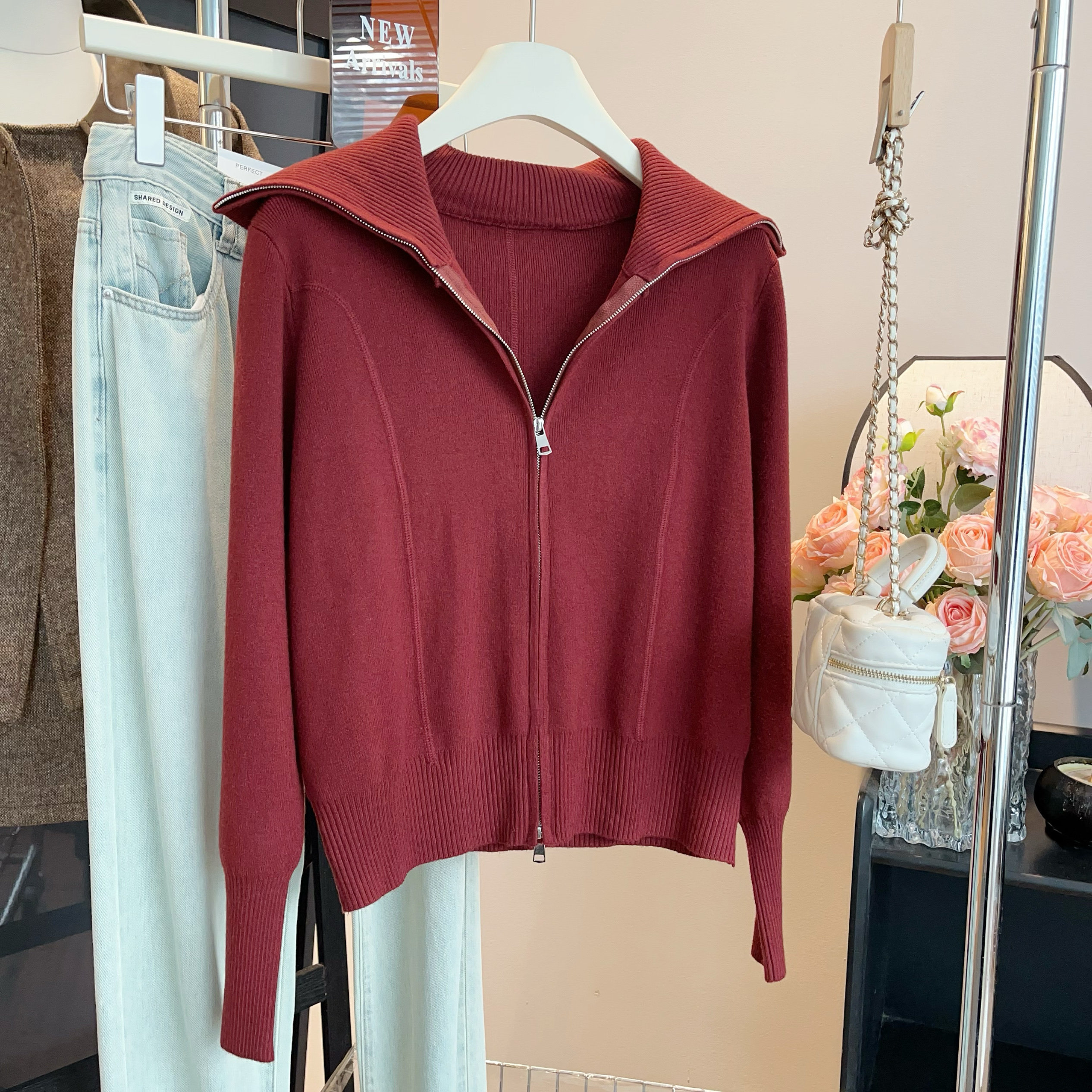 针织外套女2024年秋百搭休闲翻领毛衣宽松短款拉链开衫,女装/女士精品,毛针织衫,淘宝优惠券,粉丝福利购,淘宝优惠卷